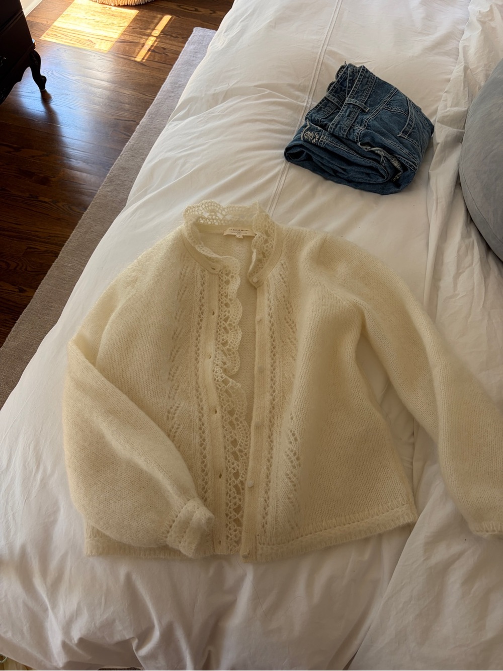 Sezane Women's Cream Lace-Trim Knit Cardigan Sweater